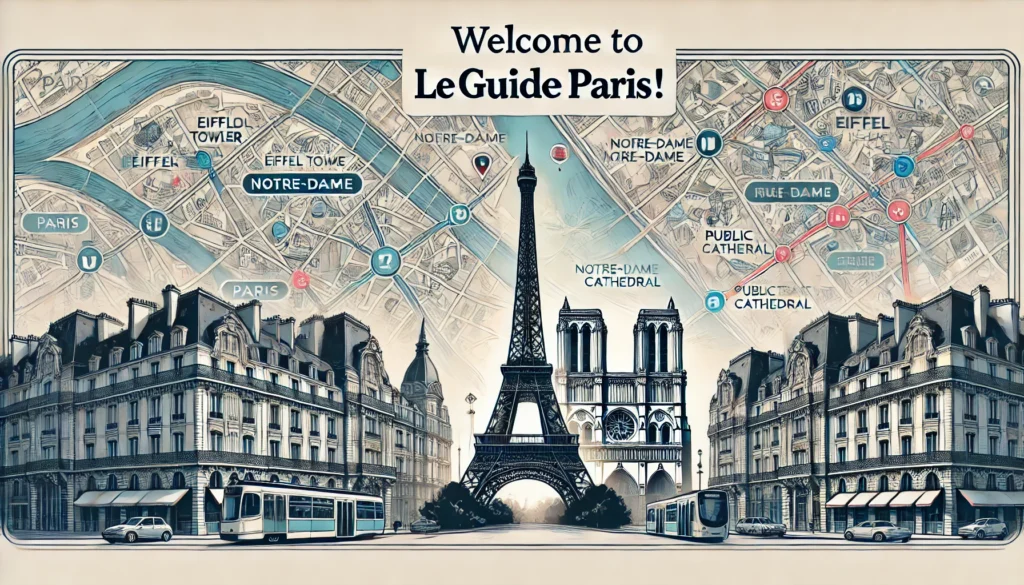 Rectangular banner image for a Paris travel guide website featuring iconic Paris landmarks like the Eiffel Tower and Notre-Dame Cathedral